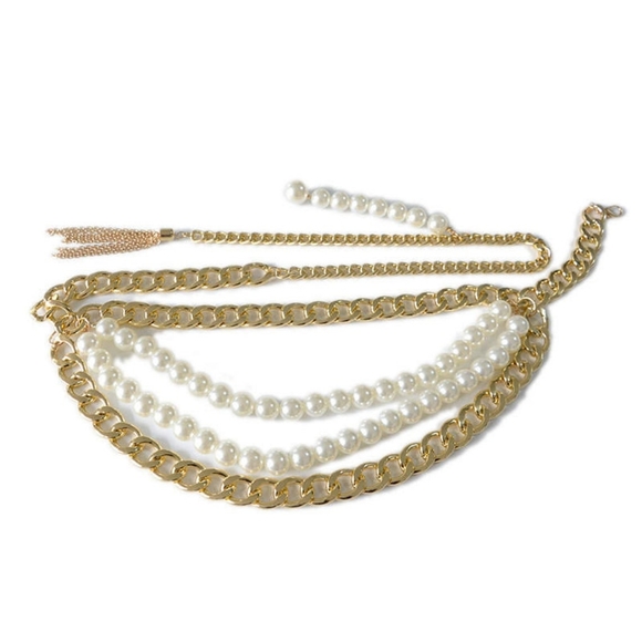 Multi-Layer Thick Chain Pearl Tassel Belt  adjustable to 41 inches (105 cm) - Picture 4 of 6